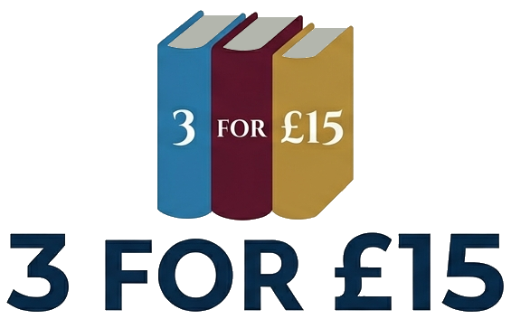Three colored books stacked together with the text '3 FOR £15' and the large headline '3 FOR £15' below, indicating a sale offer for three books.
